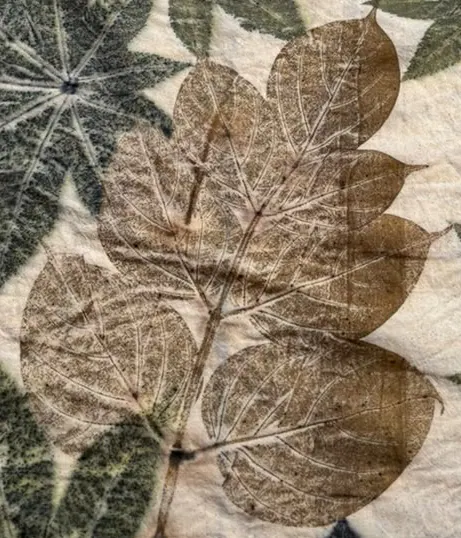 Close-up of an umber compound-leaf print with branching veins on cream cloth.