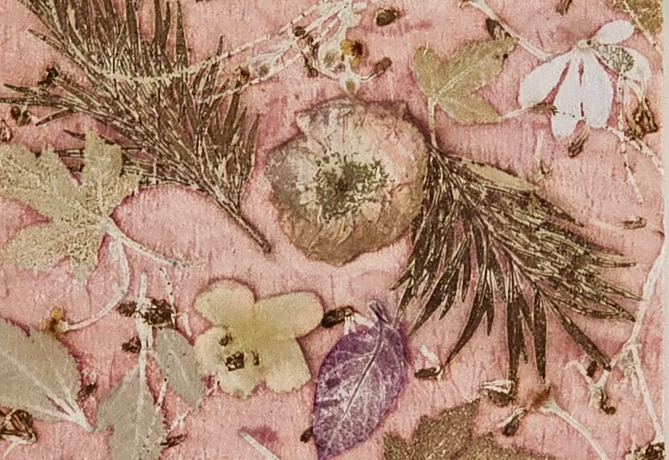 Close-up of fern fronds and a round, seed-like print on blush-pink cloth.